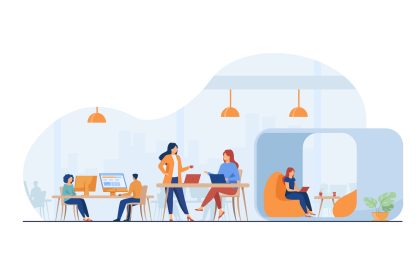 Modern business team working in open office space. Young people using laptop computers in creative co-working interior. Vector illustration for teamwork, community, work on project concept