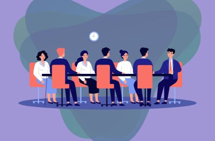 Business leader holding corporate meeting with team in boardroom. Politician talking to staff at round conference table. Vector illustration for authority, chairman, negotiations, work discussion concept